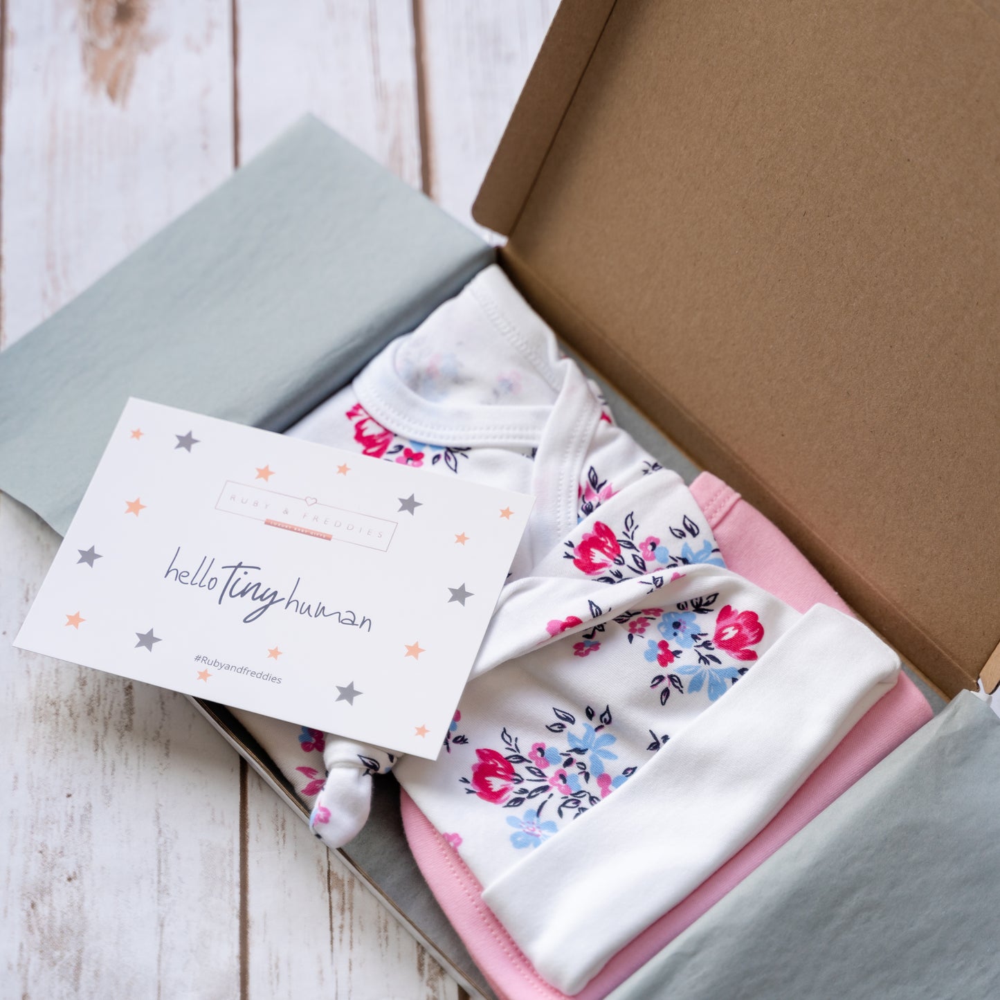 Newborn Floral Letterbox Set - Hat, Vest, Bib (Green/Pink/Yellow Floral)